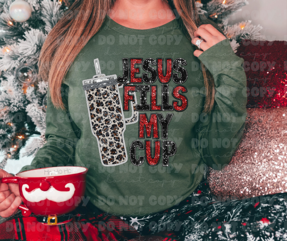 2905 Faux Glitter Jesus Fill My Cup Cheetah Cup *DREAM TRANSFER* DTF