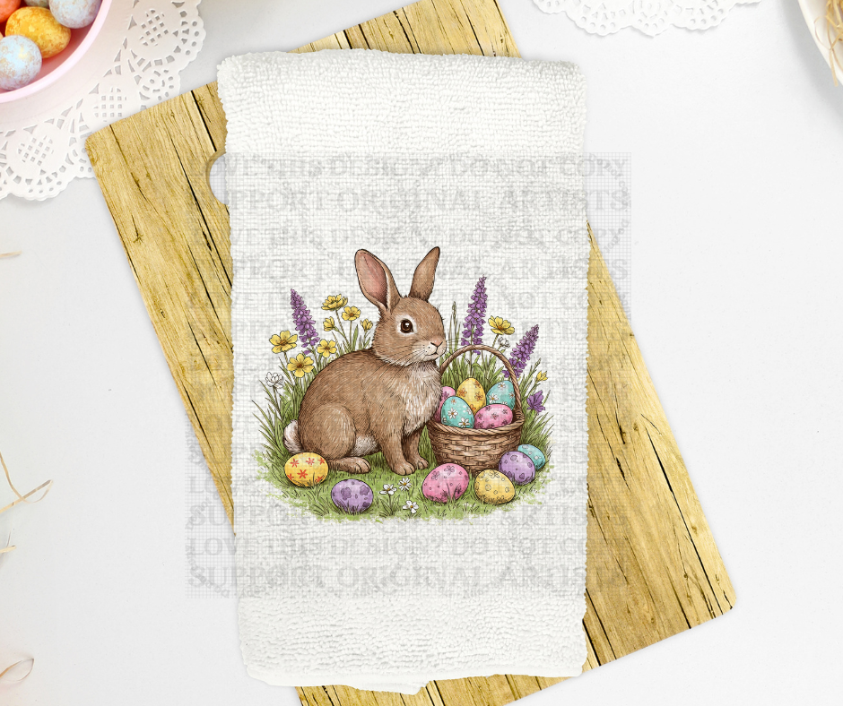 5326 Easter brown bunny sitting on grass towel size * DTF