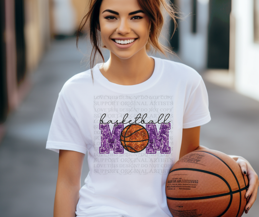 5202 - Faux glitter Basketball mom purple lettering *DTF