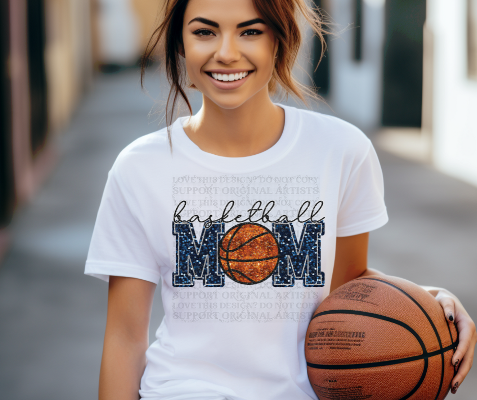 5198 - Faux glitter Basketball mom dark blue lettering *DTF