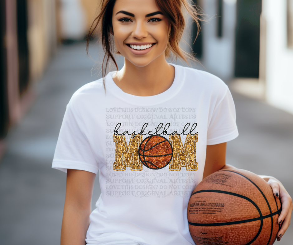 5195 - Faux glitter Basketball mom yellowish gold lettering *DTF