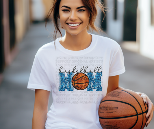 5196 - Faux glitter Basketball mom blue lettering *DTF