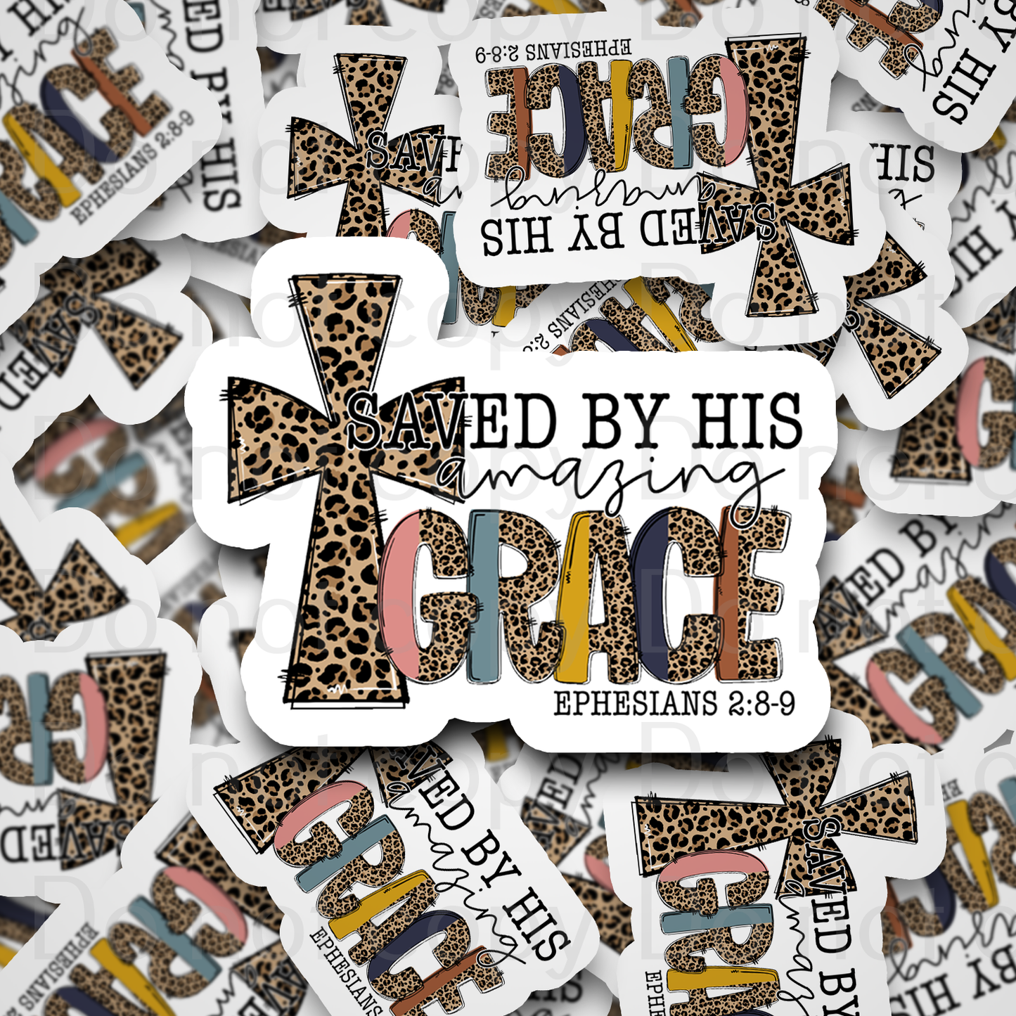 Saved by his amazing grace leopard cross Die cut sticker 3-5 Business Day TAT